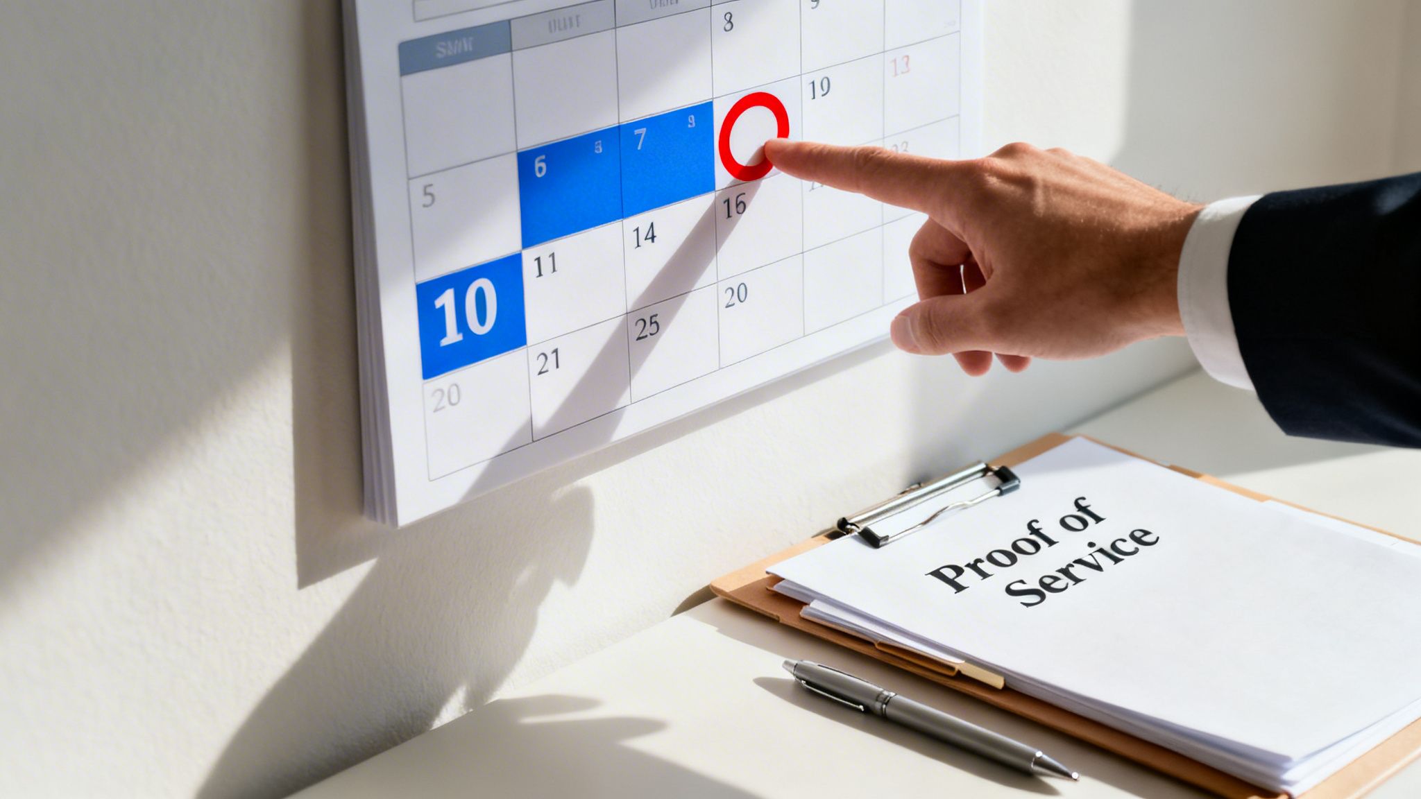 A hand points to a circled date on a calendar, with 'Proof of Service' document and pen nearby, signifying an important deadline.