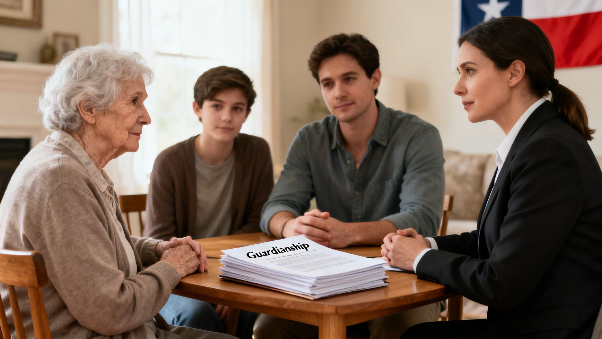 Family discusses guardianship documents with a lawyer at a table, with a Texas flag in the background.