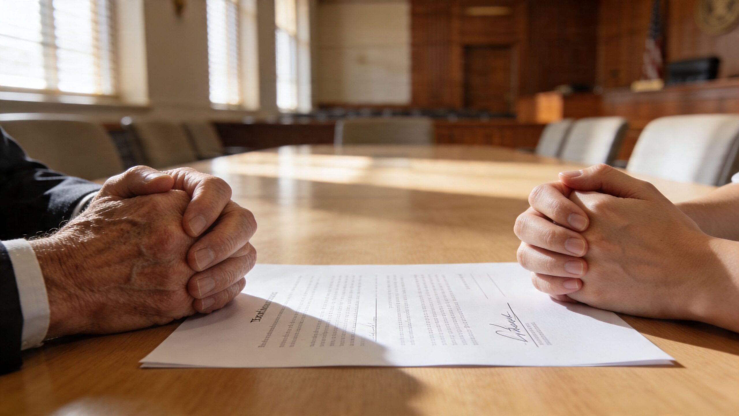 Two people sitting at a long wooden table with hands clasped over a legal document in a courtroom.