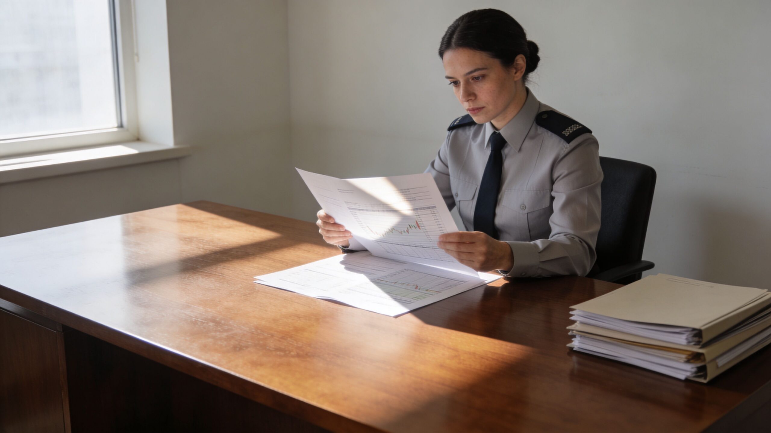 A female police officer in uniform sitting at a desk reviewing financial documents in an office.