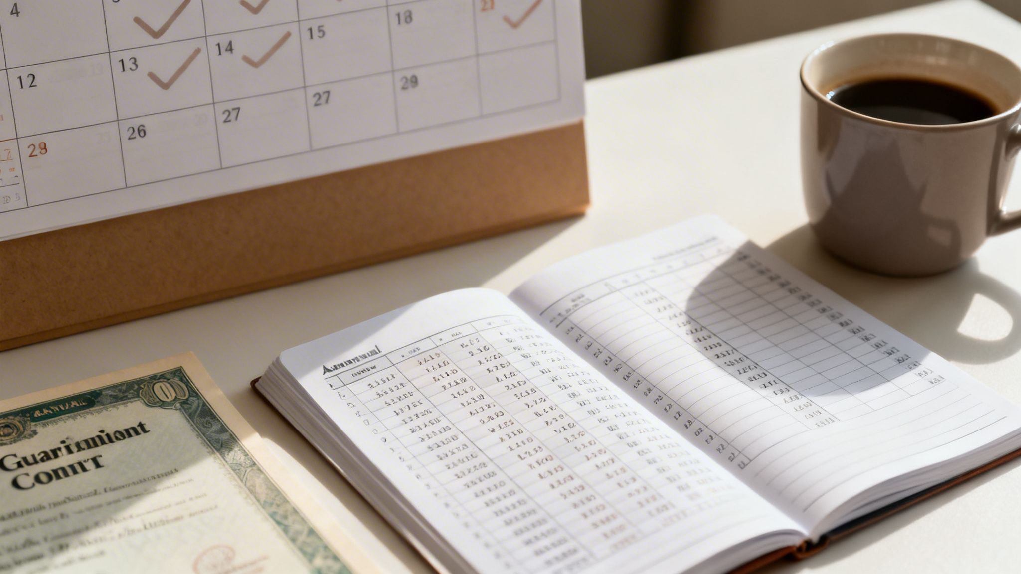 Desk with calendar, open ledger, legal document, and coffee, symbolizing financial planning.