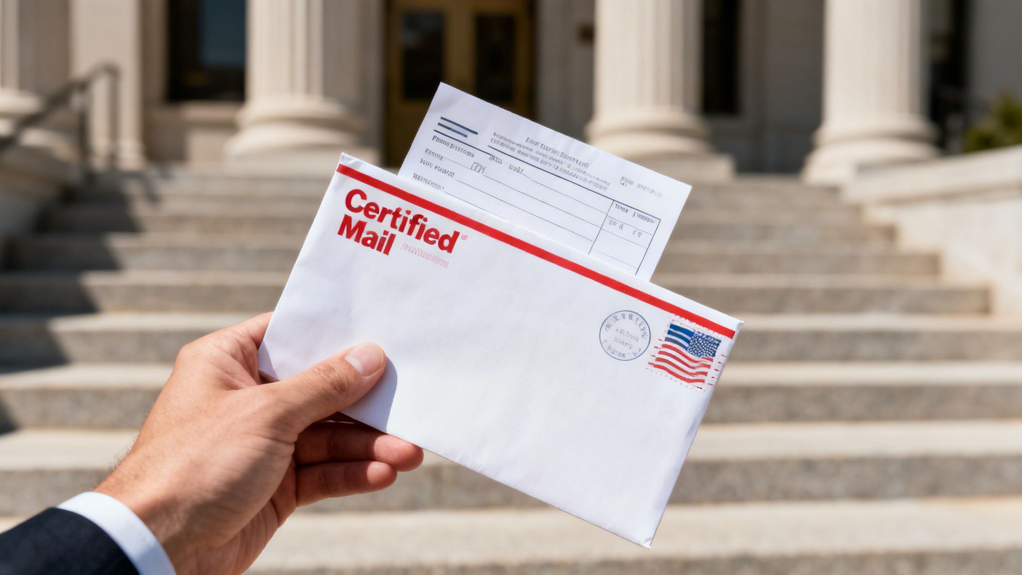 A hand holds a Certified Mail envelope with an American flag stamp in front of a courthouse.