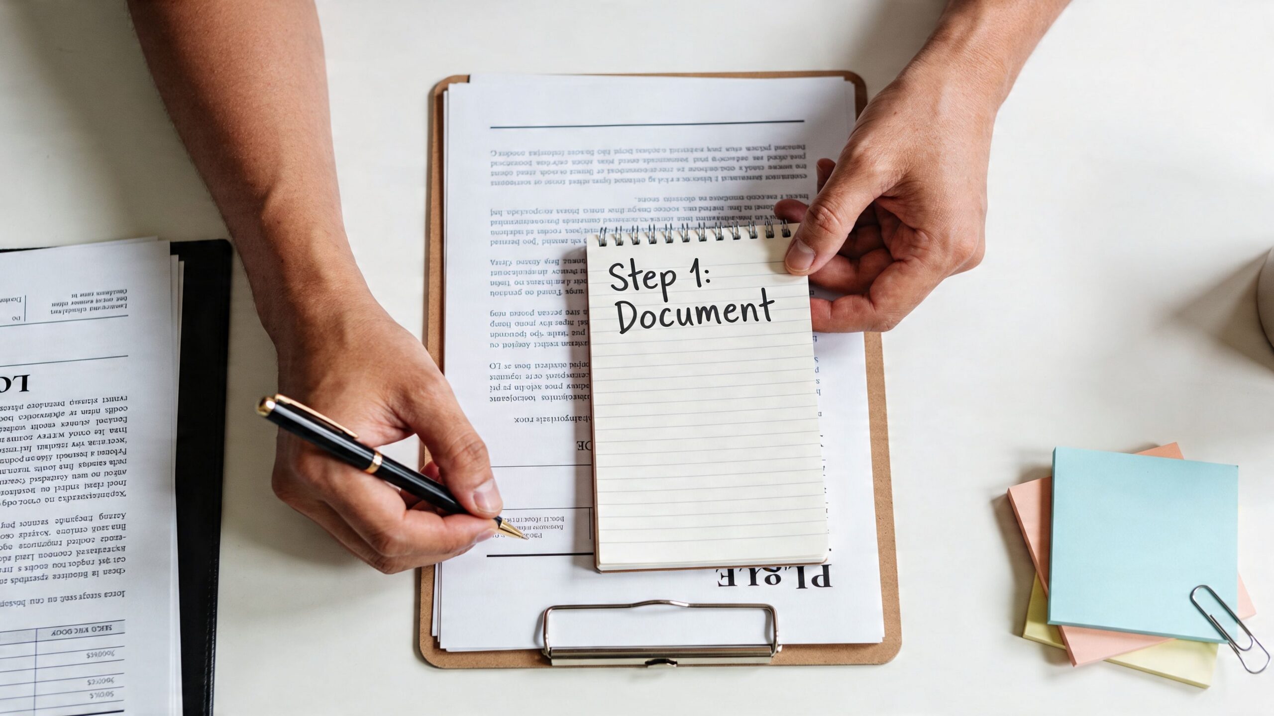 A person writing on a document on a clipboard with a notepad labeled Step 1: Document