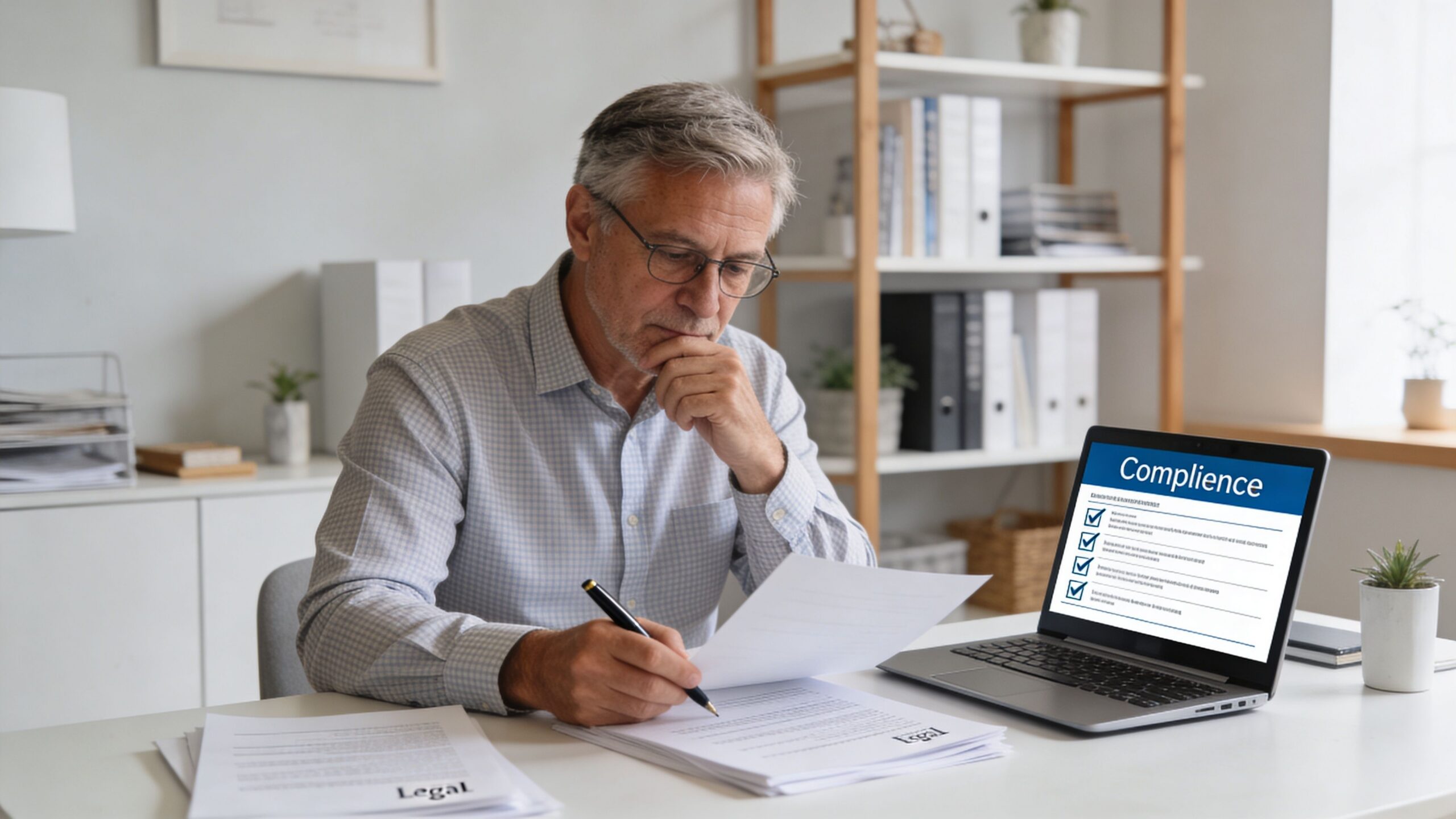 A professional man reviewing legal documents on his desk while consulting a compliance checklist on his laptop.