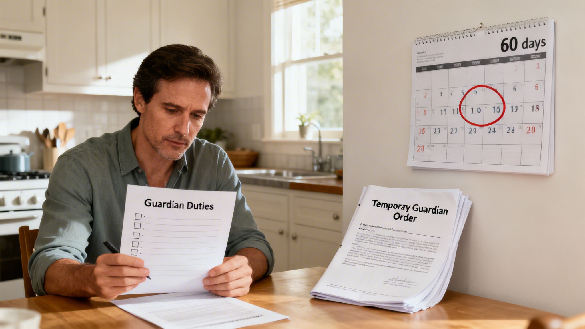 Man reviewing 'Guardian Duties' document and 'Temporary Guardian Order' papers with a calendar showing a deadline.