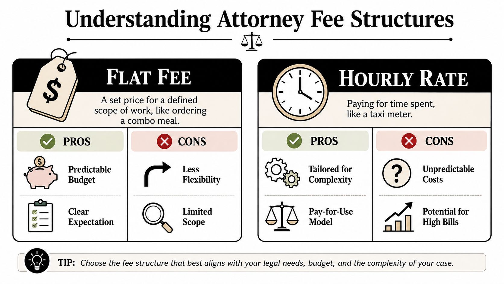 An infographic comparing flat fee and hourly rate legal billing structures with their pros and cons.