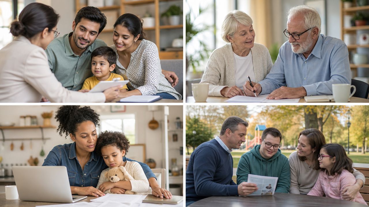A collage showing different families meeting with professionals to discuss legal and educational documentation matters.