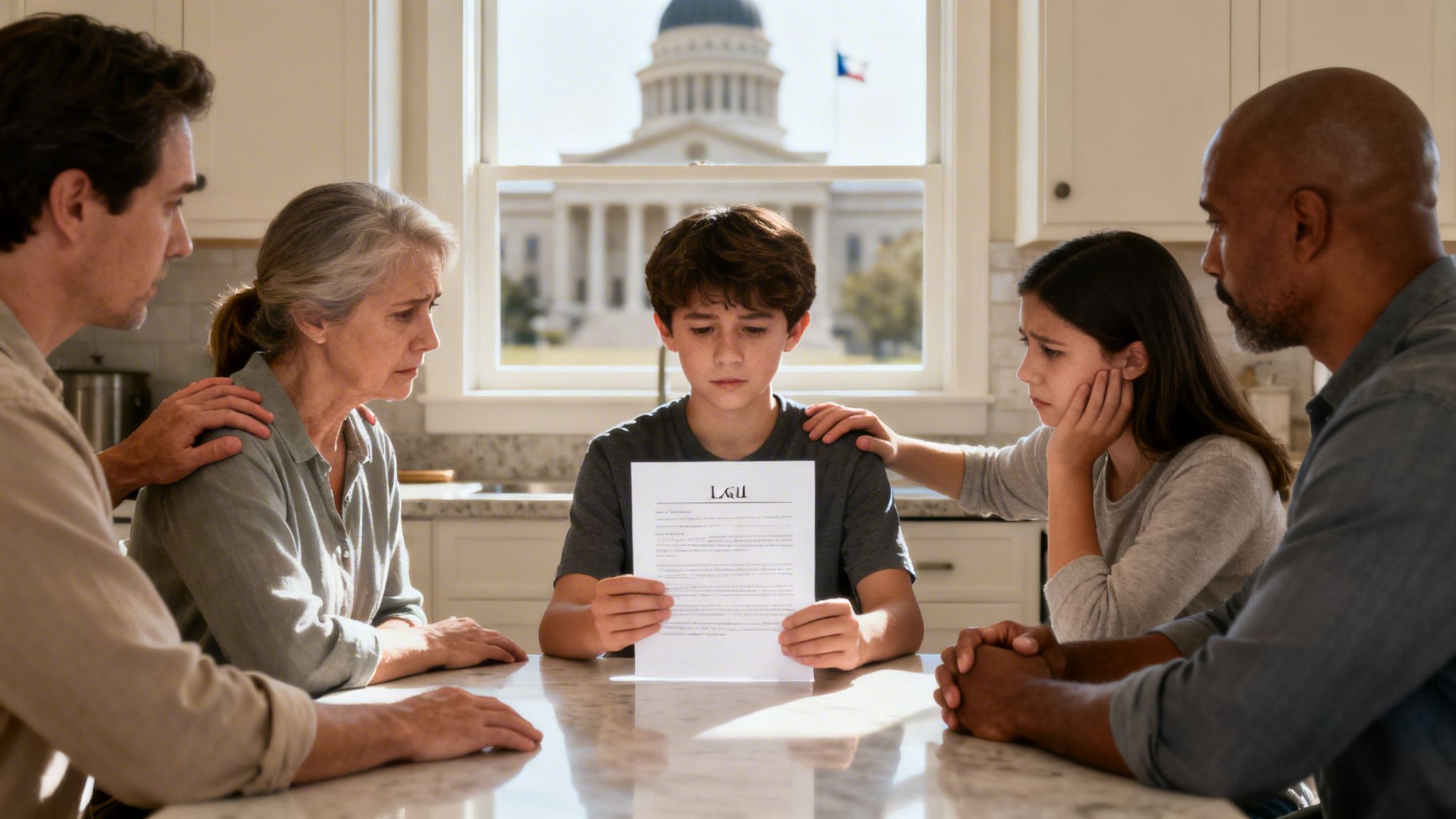A diverse family looks distraught as a young boy reads a legal document, with a government building in the background.