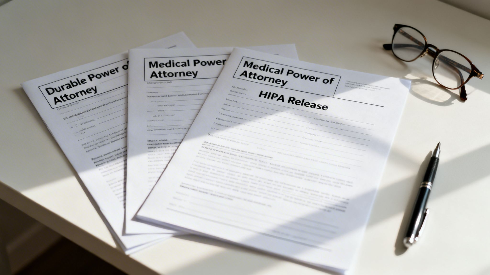 Medical and durable power of attorney forms with a HIPAA release, glasses, and a pen on a desk.