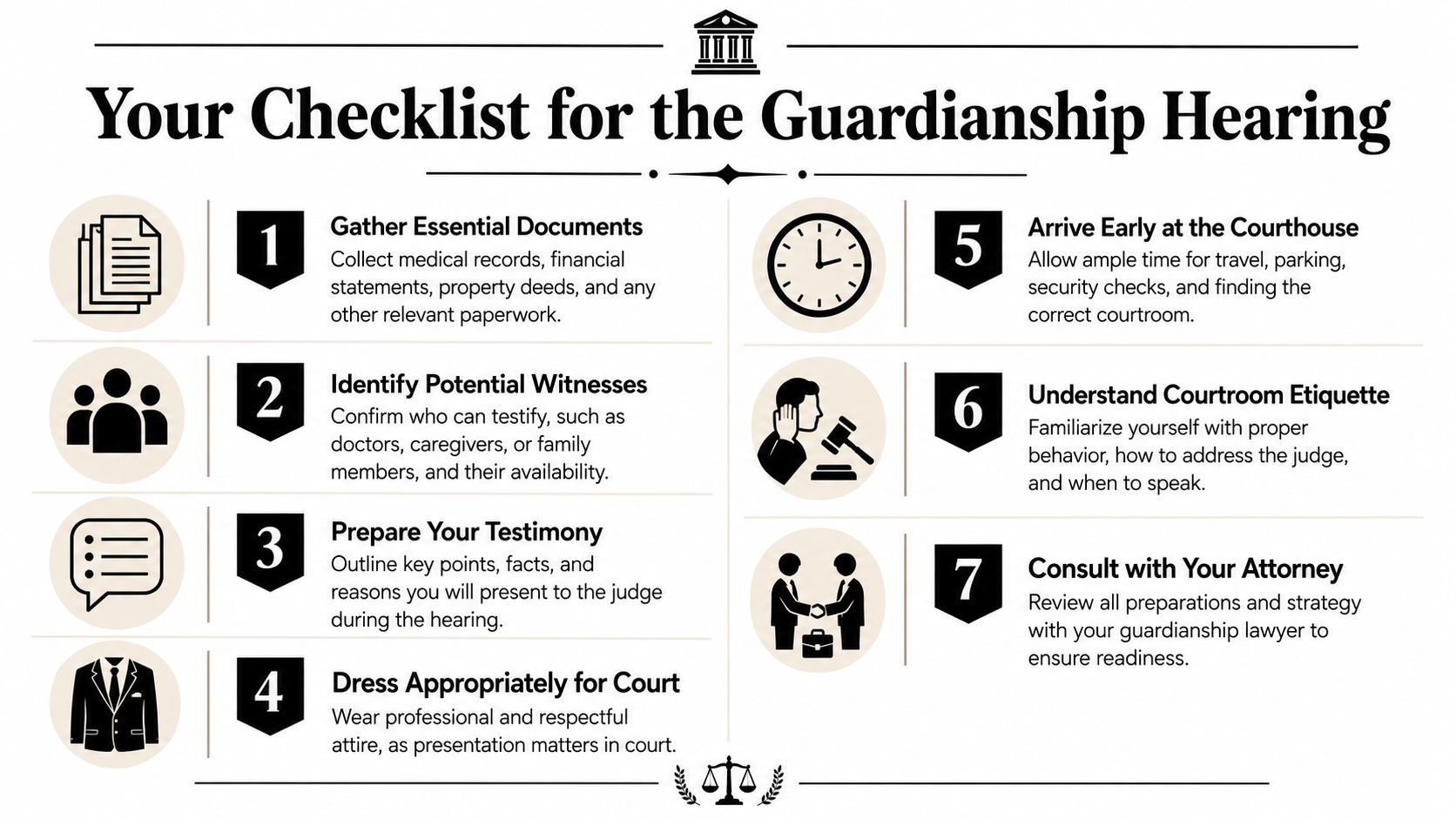 An infographic checklist for a guardianship hearing, detailing seven essential steps to prepare for court.