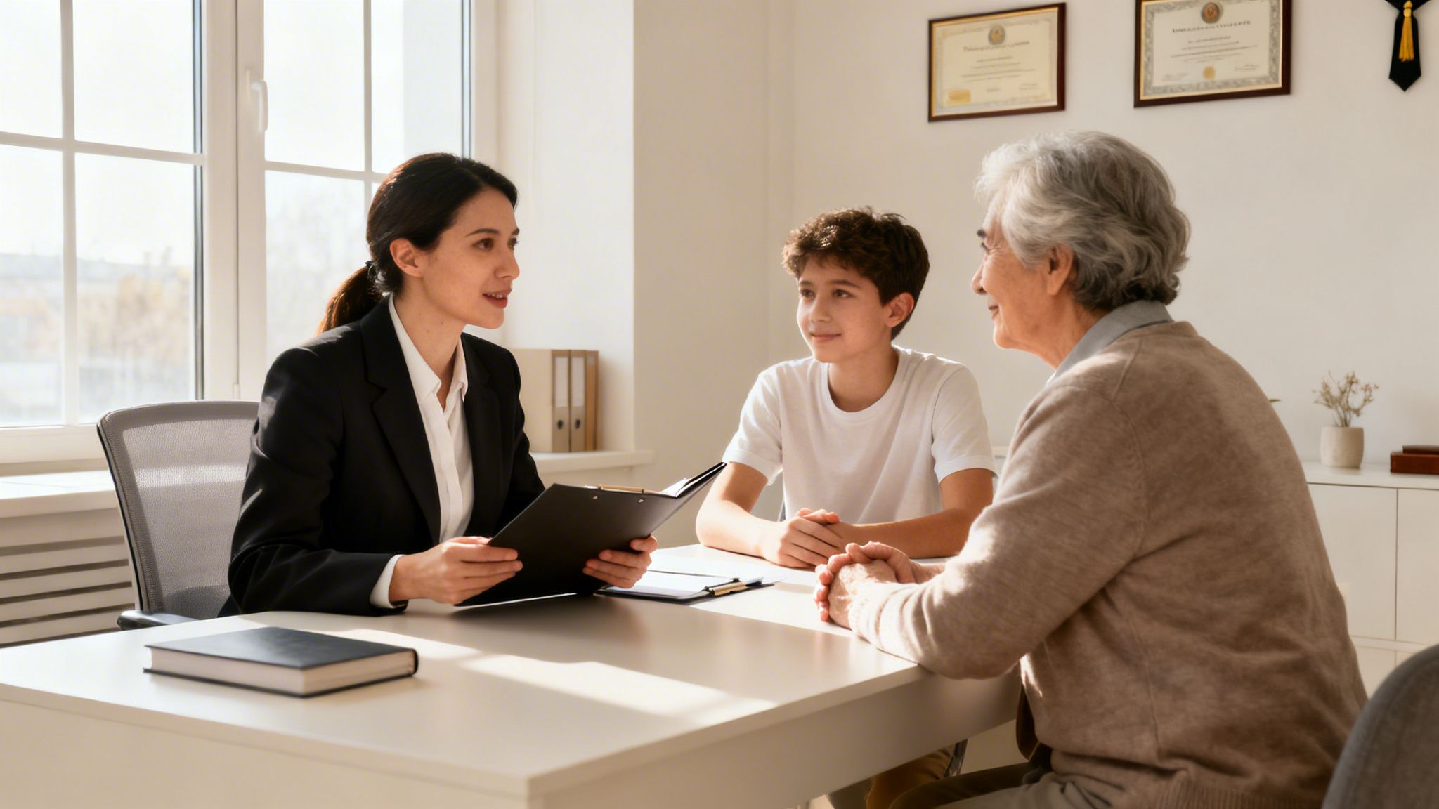A professional woman in a suit consults with an elderly woman and a young boy at a table.