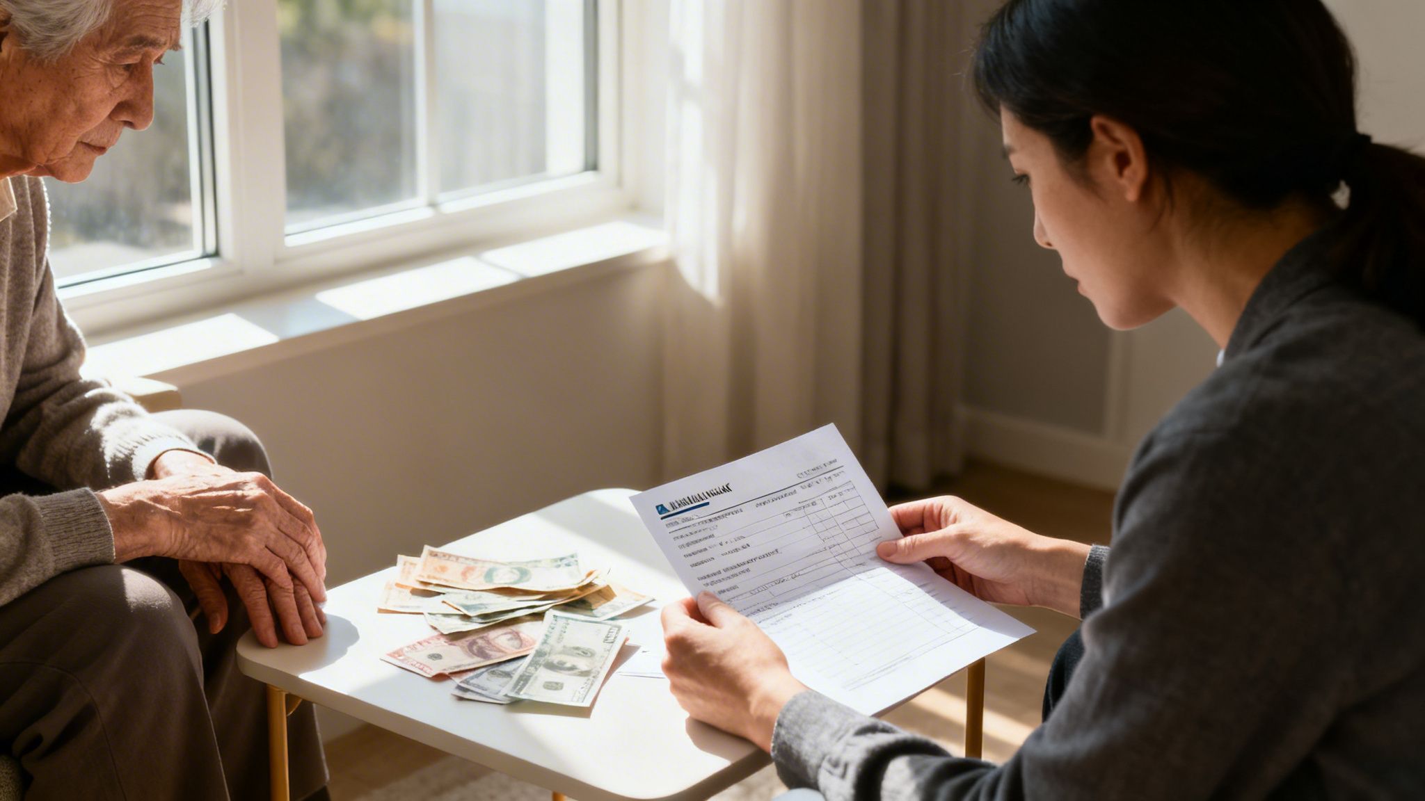 A younger woman helps an elderly man review financial documents with cash on a table.