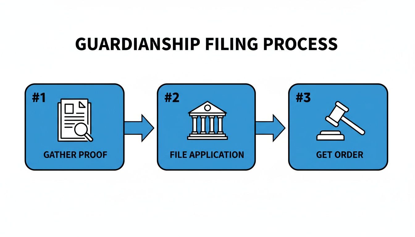 Infographic detailing the three steps of the guardianship filing process: gather proof, file application, get order.