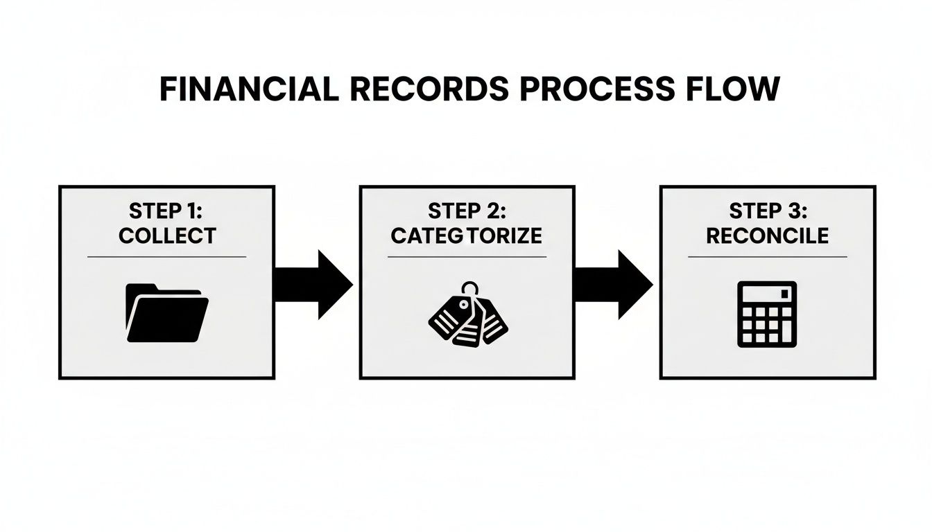 A financial records process flow diagram illustrating steps to collect, categorize, and reconcile data.