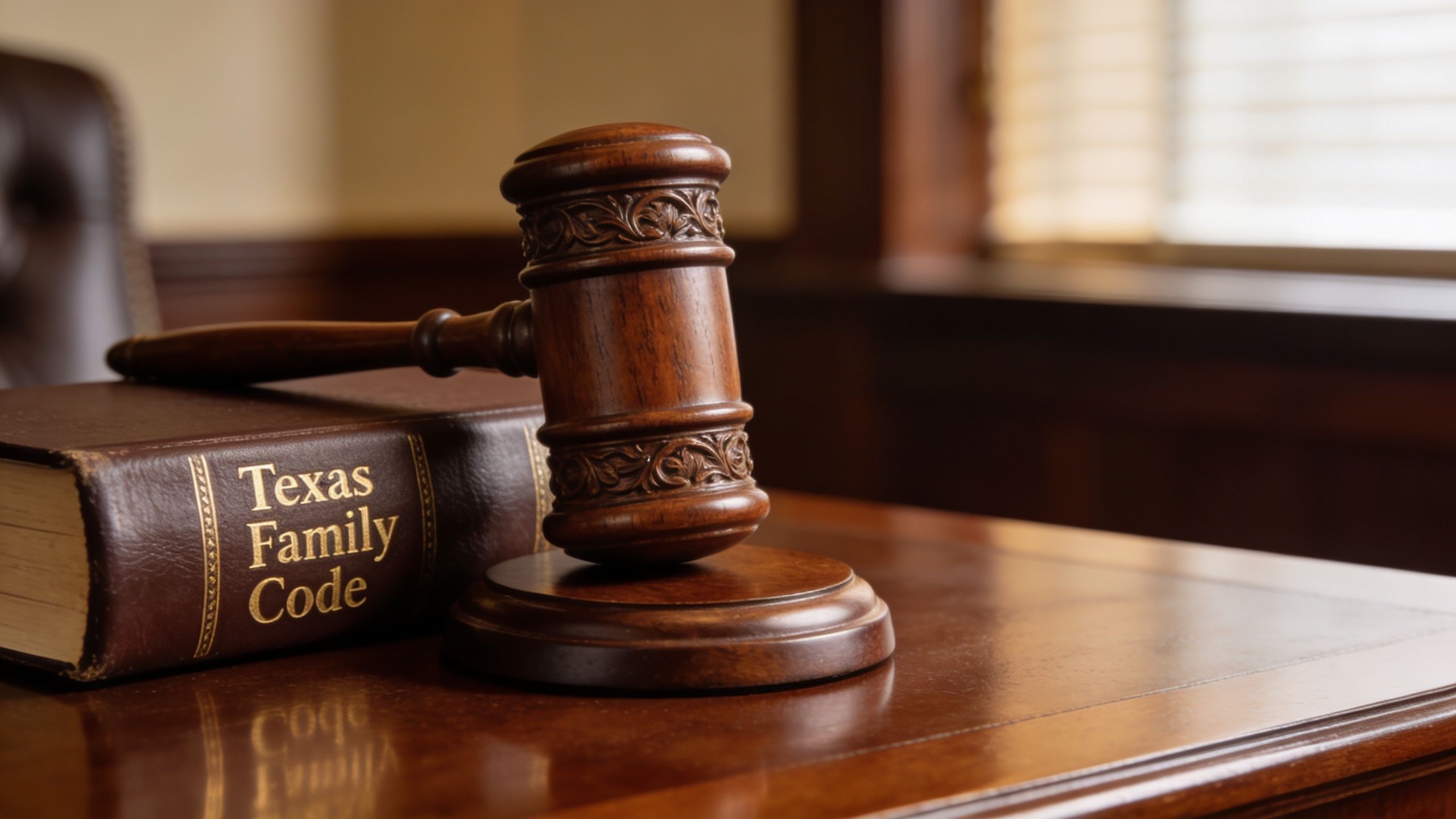 A wooden judge's gavel resting on a leather-bound Texas Family Code law book on a wooden desk.