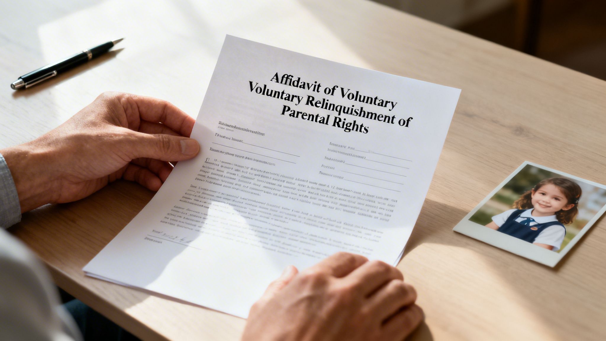Hands holding an affidavit for voluntary relinquishment of parental rights document, beside a child's photo and pen.