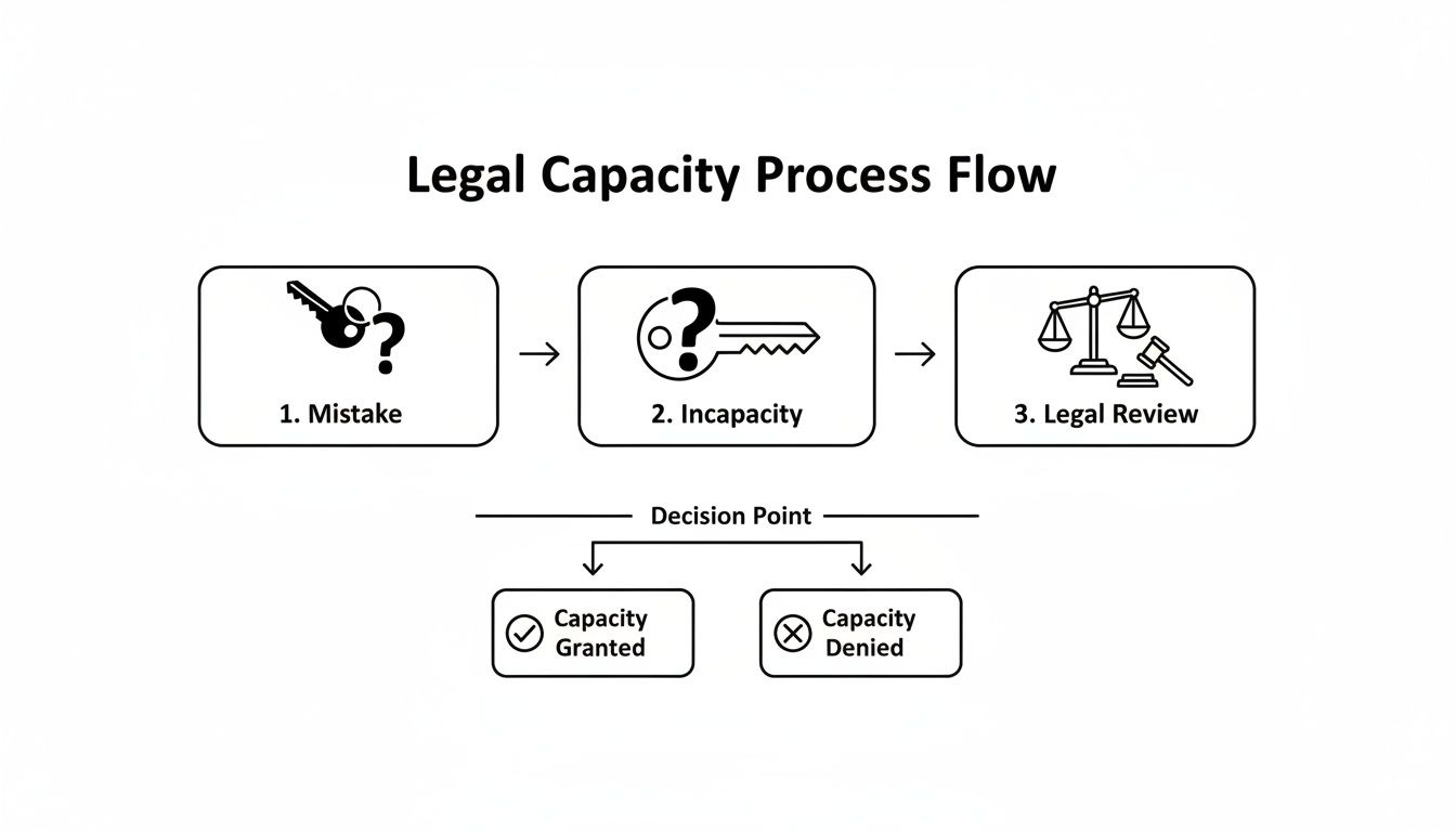 A flowchart illustrating the legal capacity process, including mistake, incapacity, legal review, and decision outcomes.