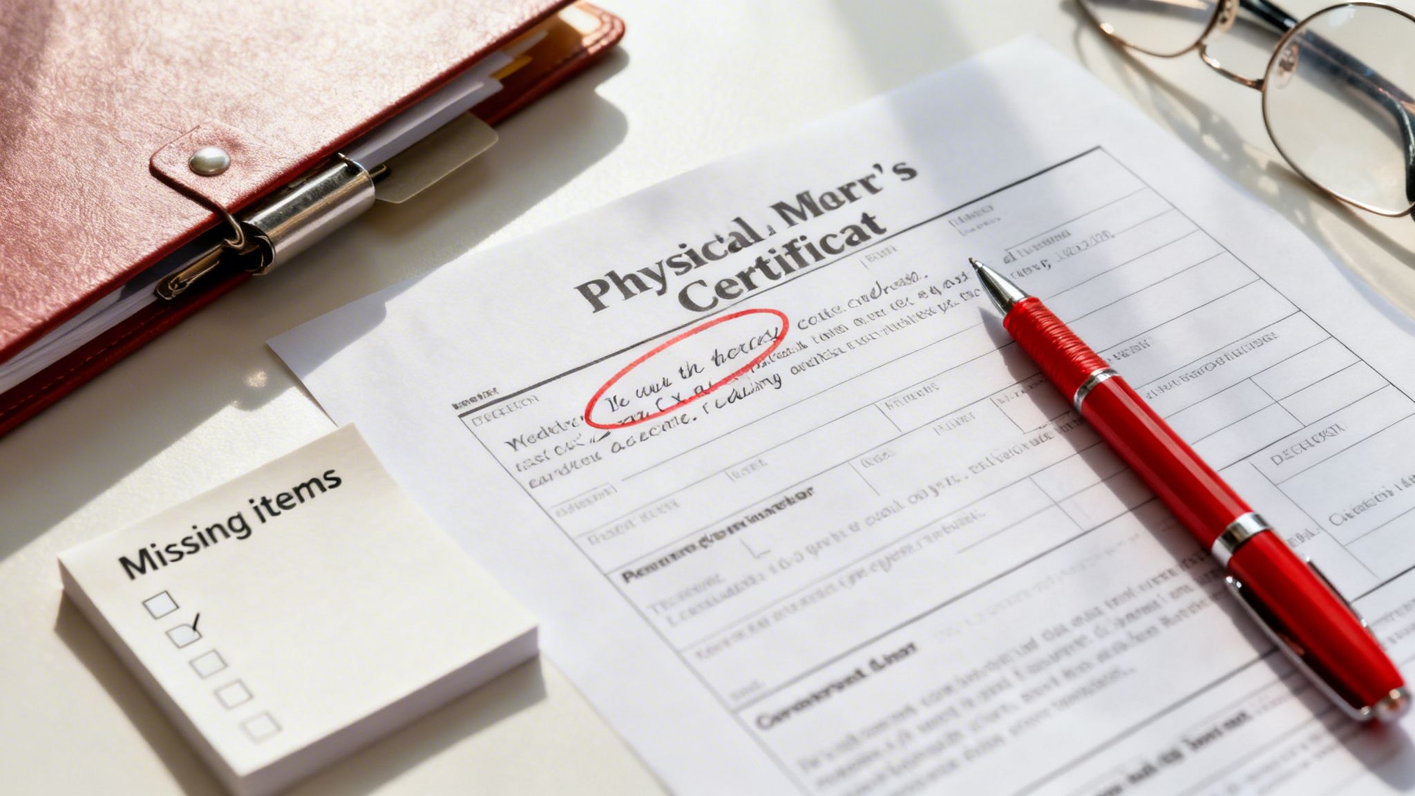 A red pen rests on a 'Physical Mort's Certificate' form with handwritten notes circled in red, next to glasses and a 'Missing items' checklist.