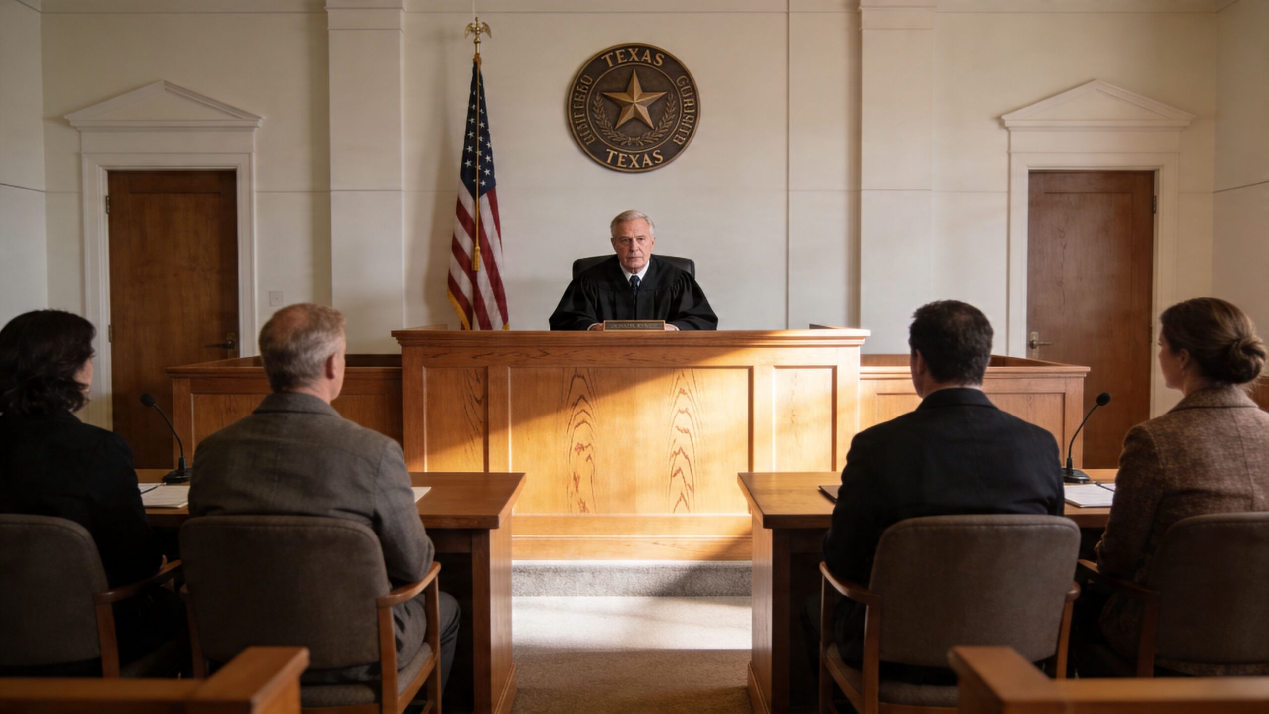 A judge sitting behind a bench in a Texas courtroom with legal teams seated at tables.
