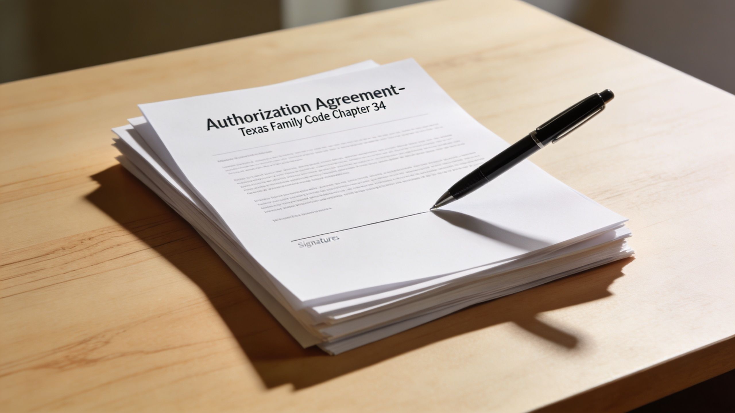 A stack of legal documents titled Authorization Agreement Texas Family Code Chapter 34 with a black pen on top.