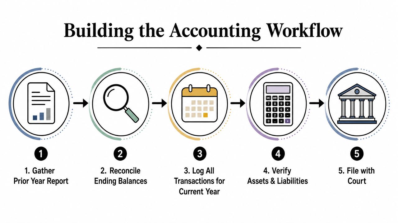 A flowchart showing the five-step annual accounting guardianship workflow in Texas from report gathering to court filing.