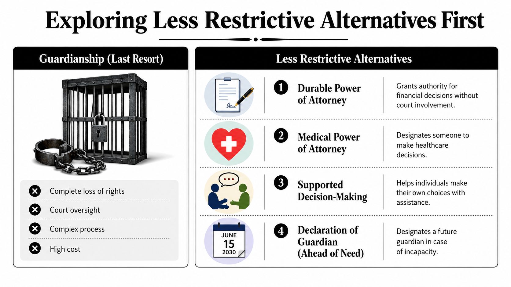 An infographic comparing guardianship as a last resort against four less restrictive legal alternatives for decision-making.