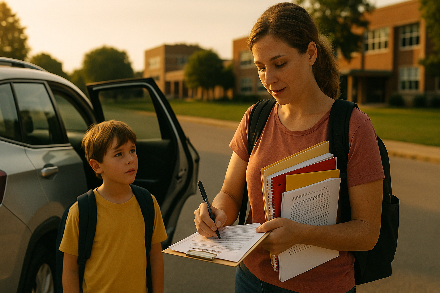 Mother signing school paperwork while her son looks on with concern, illustrating the real-life responsibilities of guardianship in Texas.