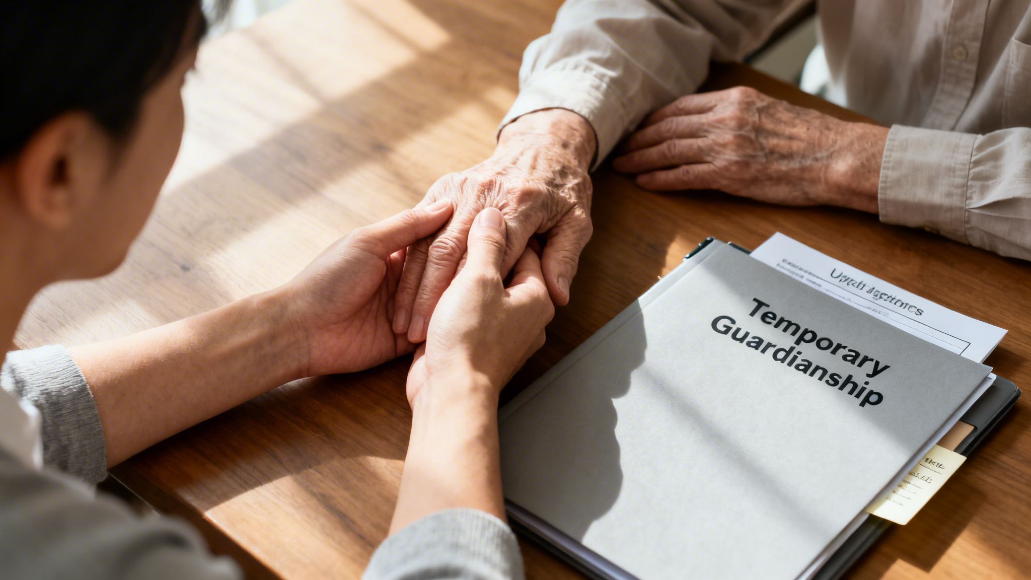 A younger person holds the hand of an elderly person next to a 'Temporary Guardianship' folder on a wooden table.