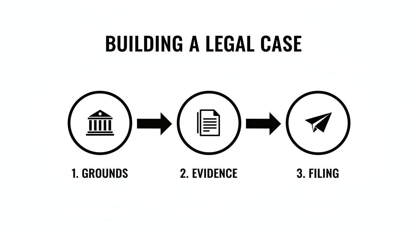 An infographic illustrating the three steps of building a legal case: Grounds, Evidence, and Filing.