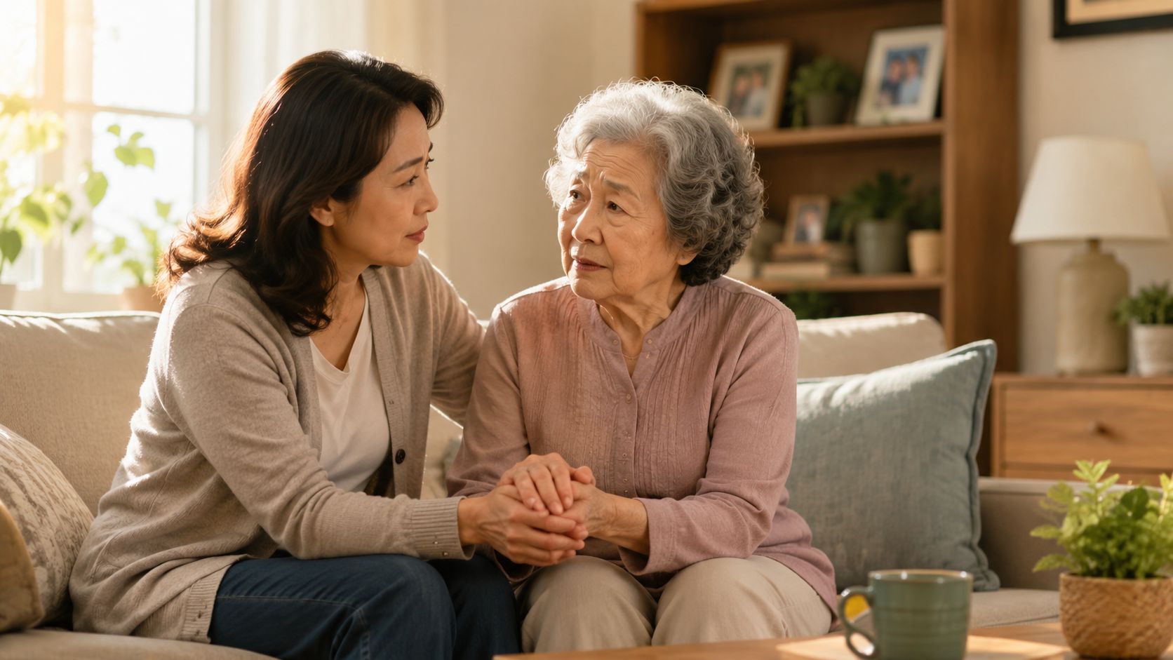 A concerned daughter holding the hands of her elderly mother while sitting together on a comfortable sofa.