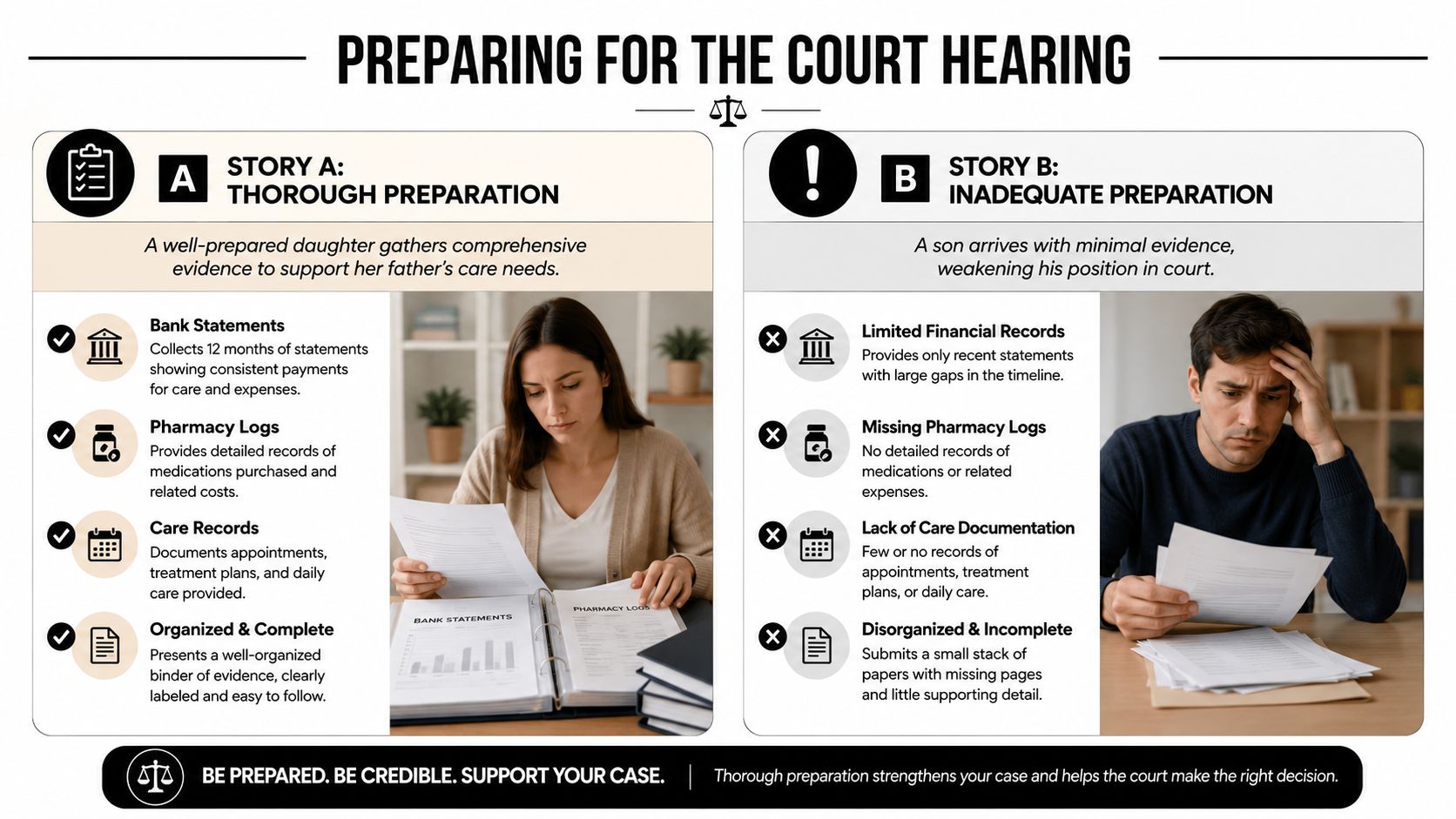 A comparison showing the difference between thorough and inadequate preparation for a court hearing regarding guardianship.