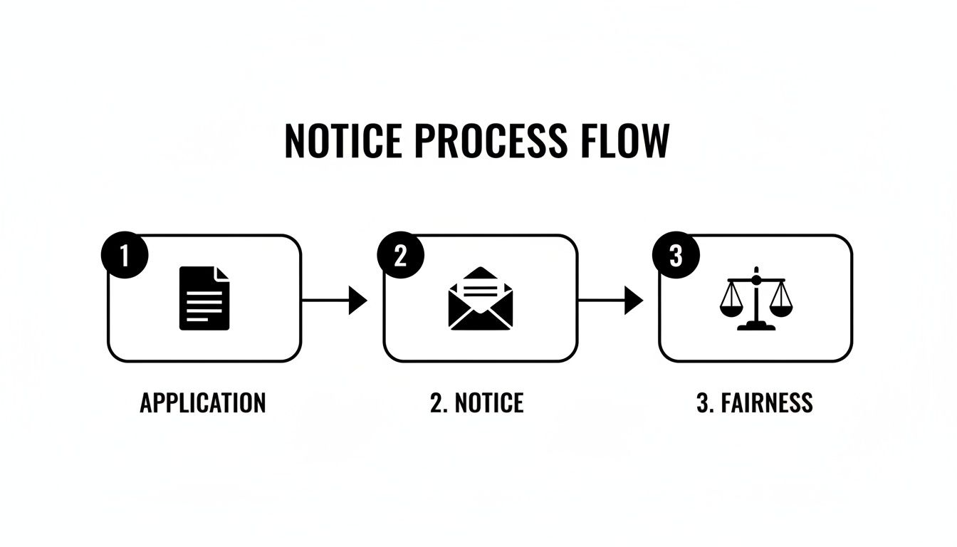 A three-step notice process flow diagram showing application, notice, and fairness with corresponding icons.