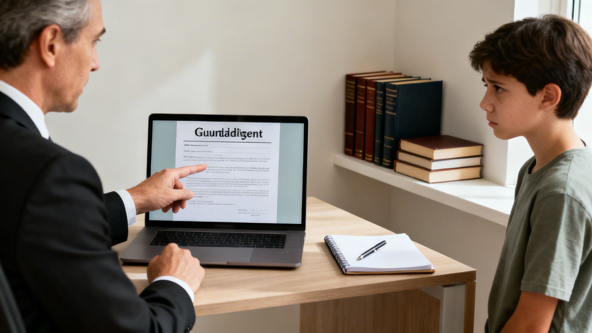 A man in a suit points to a laptop screen, explaining a document to a serious young boy.