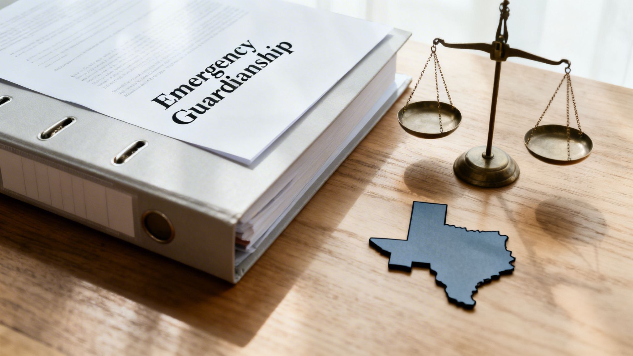 A binder labeled 'Emergency Guardianship' with justice scales and a Texas map cutout.