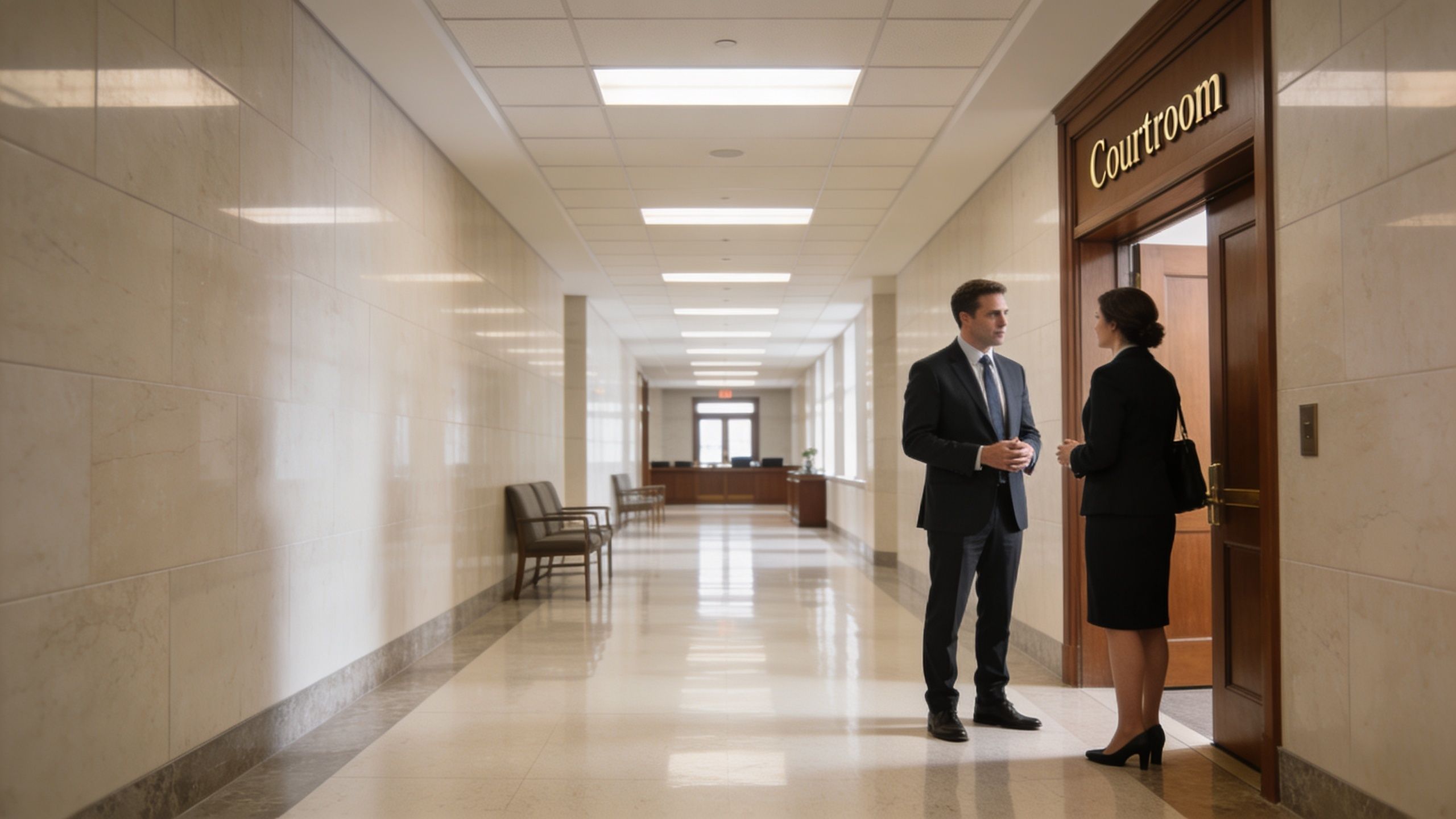 A professional man and woman in business attire having a conversation outside a courthouse courtroom door.