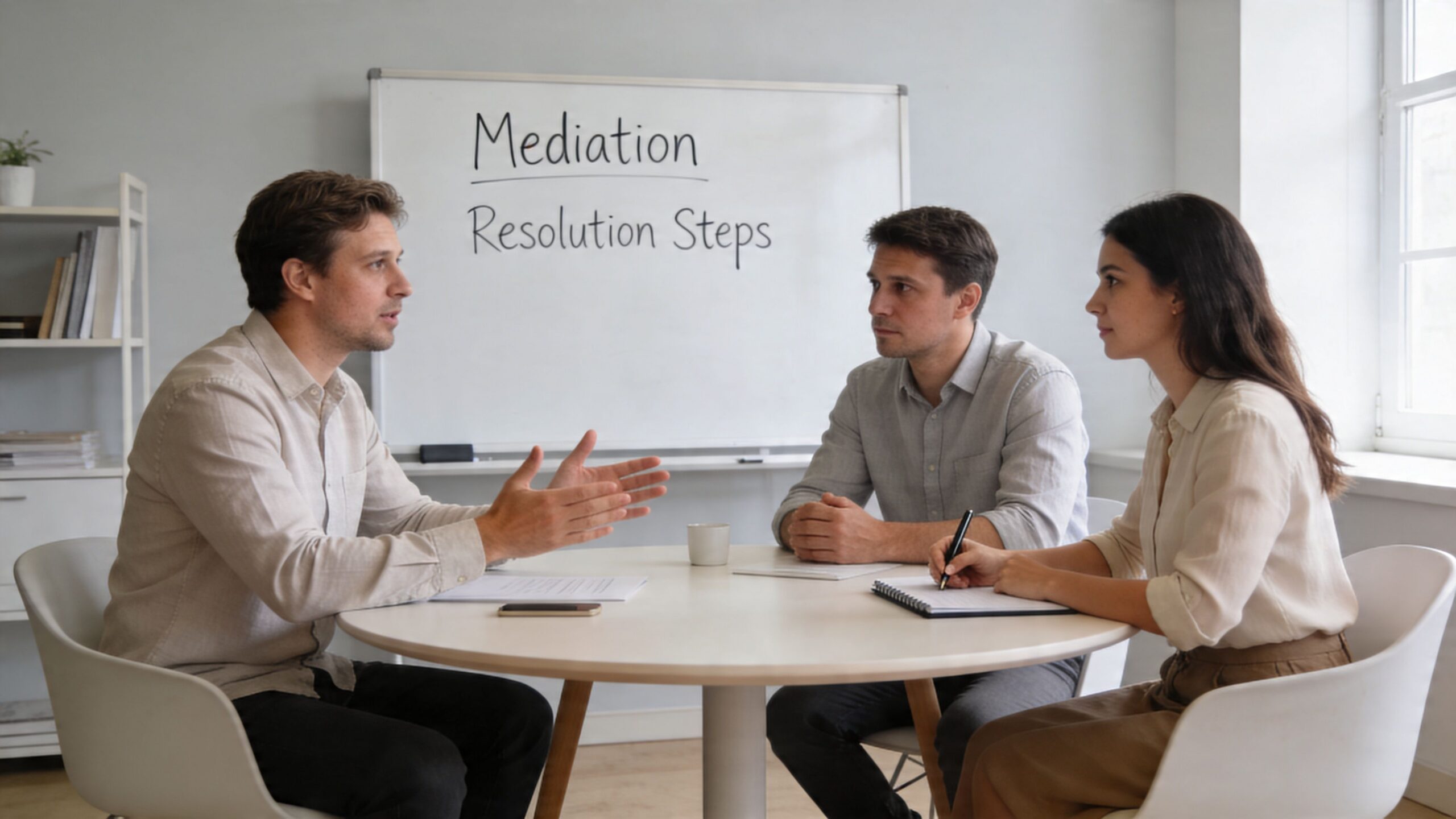 A professional mediator facilitating a meeting between two siblings during a guardianship dispute in an office.