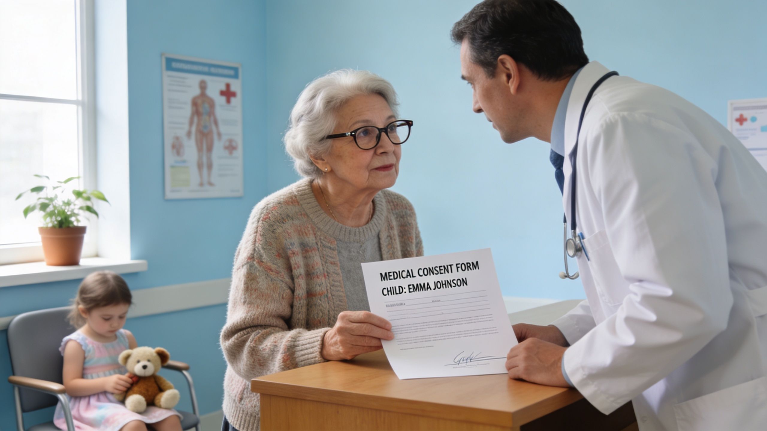 A doctor speaks with an elderly woman holding a medical consent form for a child.