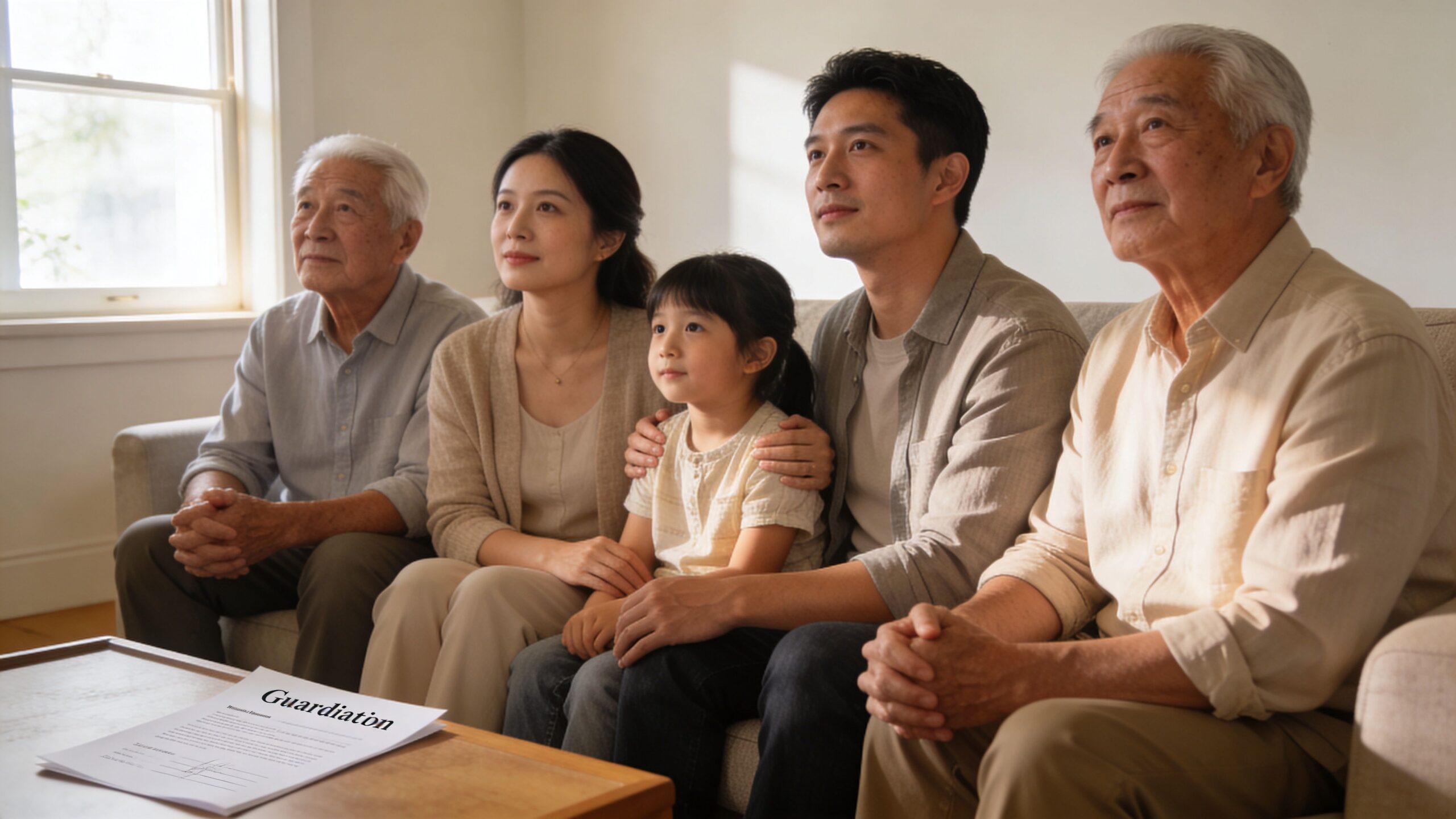 A multi-generational Asian family sitting together on a sofa looking toward a legal document.