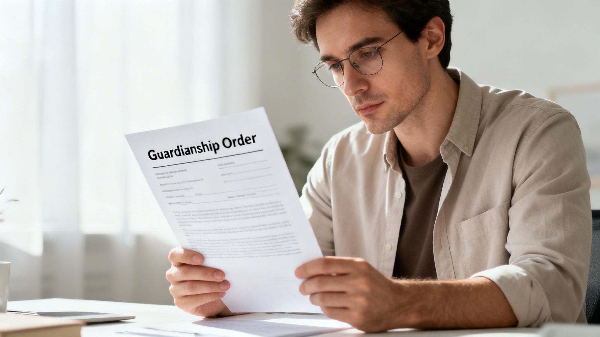 A young man with glasses carefully reviewing a legal guardianship order document at his desk.