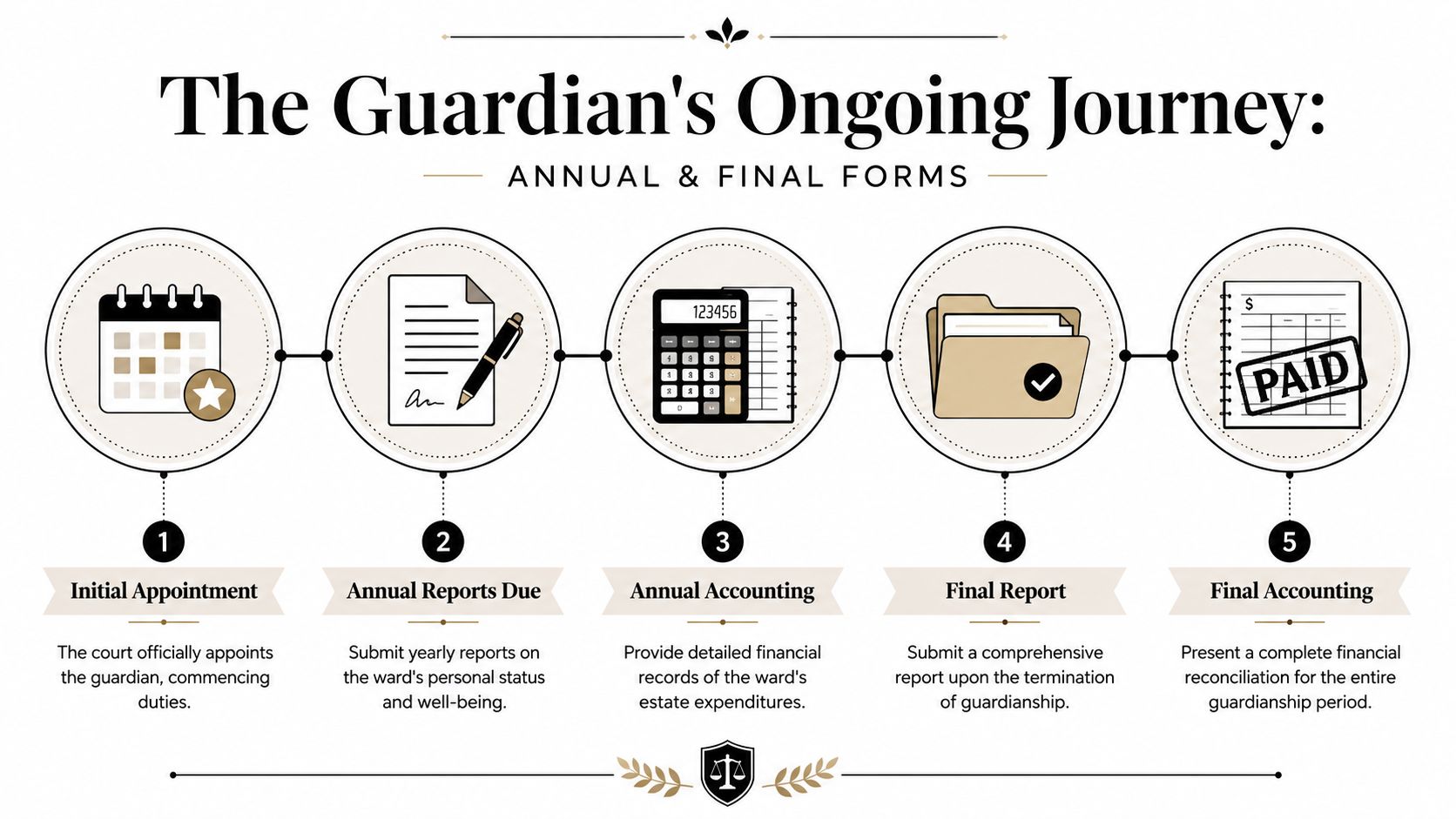 A five-step infographic illustrating the ongoing legal duties and forms required during the guardianship process.
