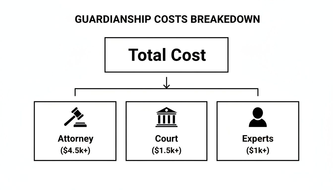 A flowchart illustrates the breakdown of guardianship costs, including attorney, court, and expert fees.