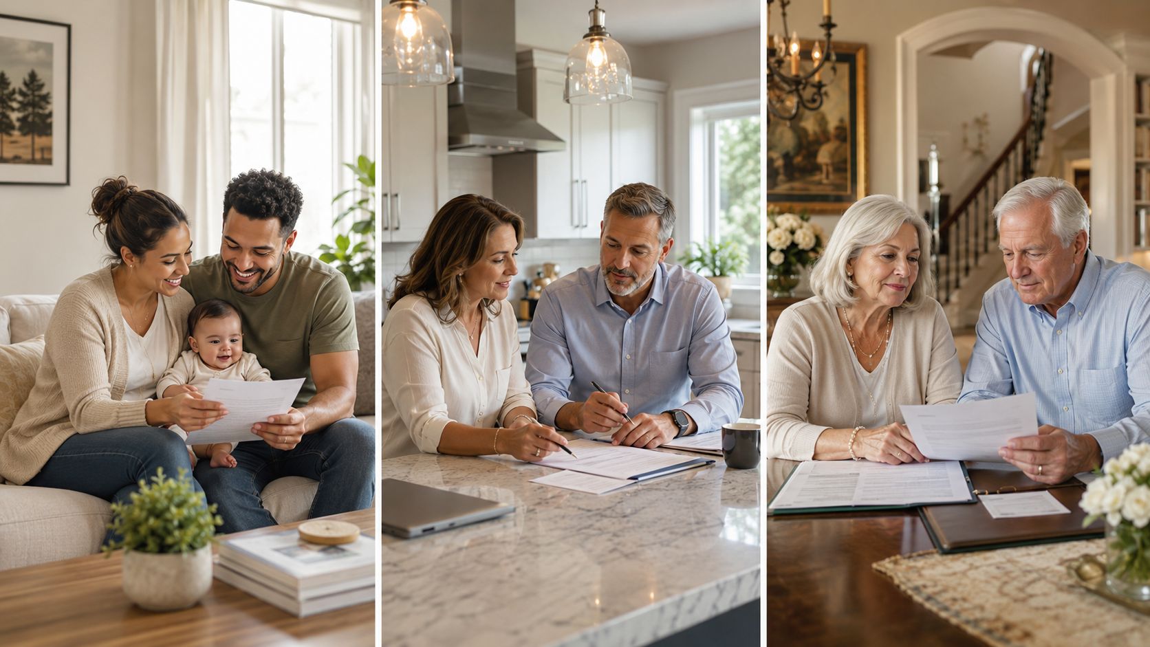 Families and a couple of different ages reviewing important legal or financial documents together at home.