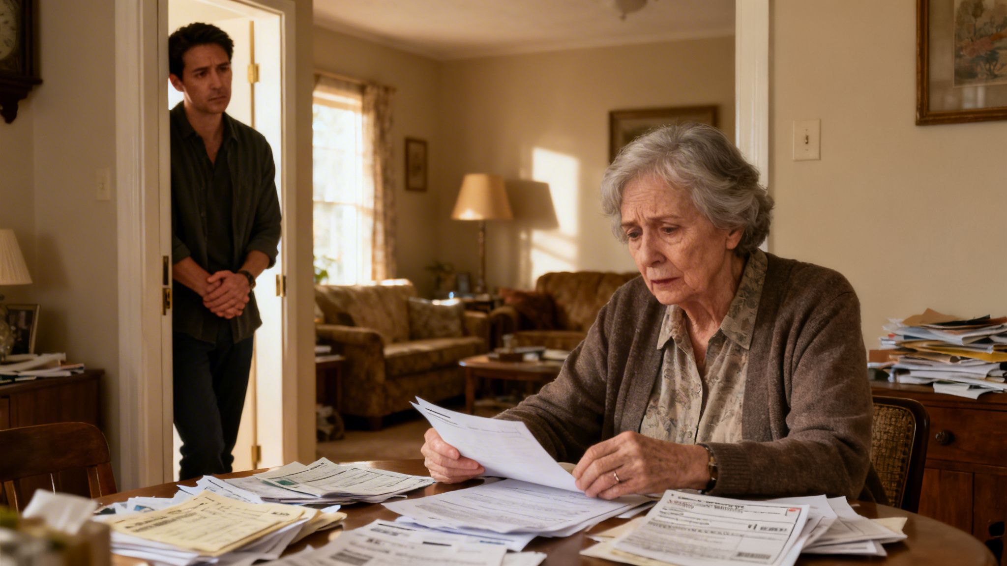 An elderly woman sitting at a table looking at legal documents while a man watches from behind.