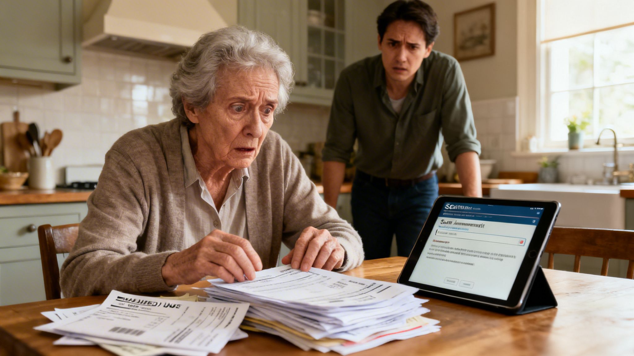 An elderly woman looking concerned while reviewing paperwork with a younger man standing behind her at a table.