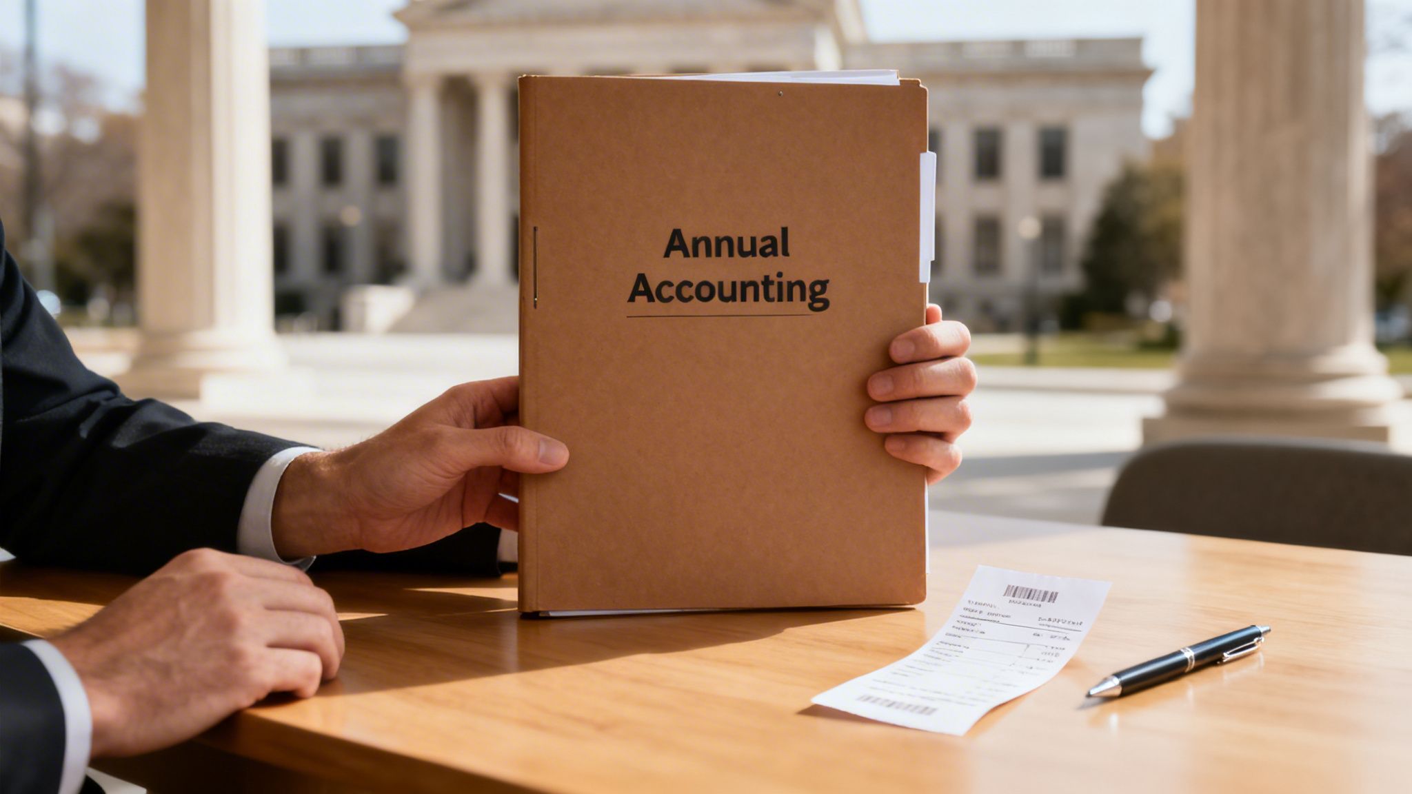 A person in a suit holds an "Annual Accounting" binder on a table with a receipt and pen.
