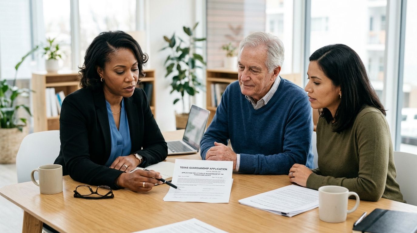 A professional attorney explains a Texas guardianship application document to an elderly man and a woman.
