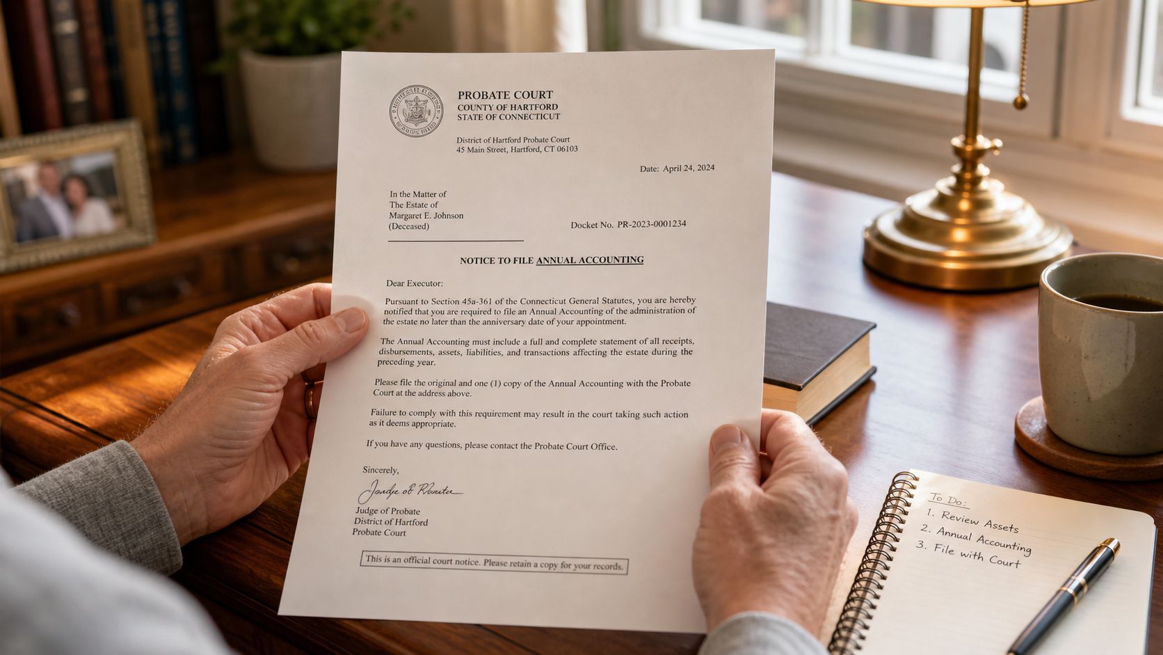 A person holding a formal Connecticut probate court notice for an annual accounting of an estate.