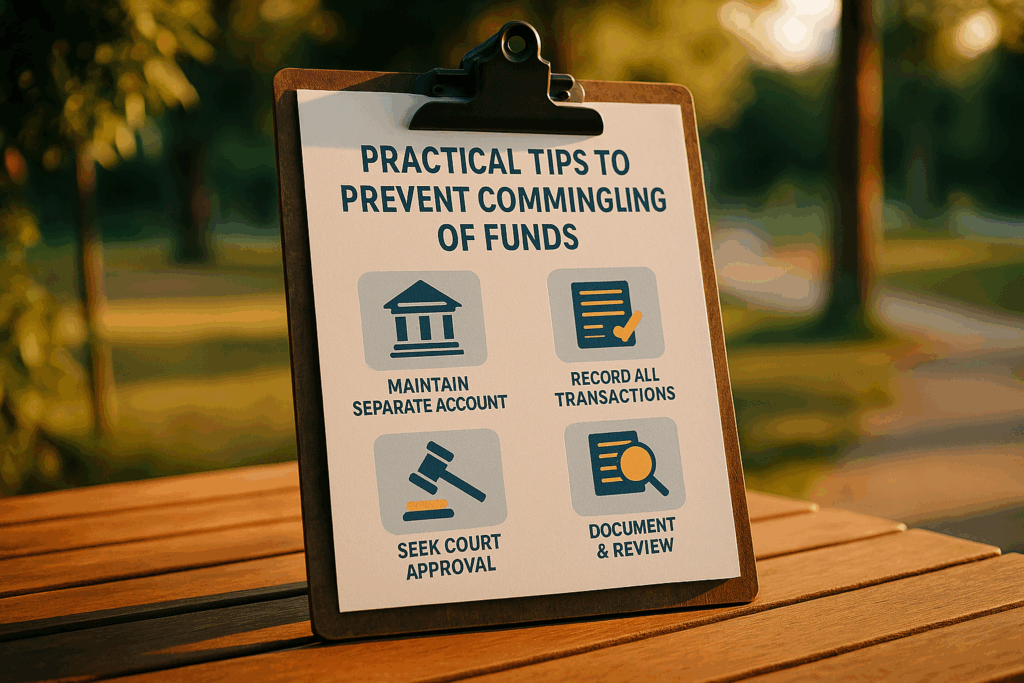A visual guide showcasing practical tips to prevent commingling of funds in guardianship accounts.