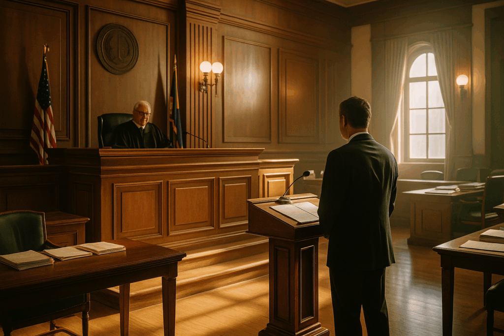 An artistic depiction of a courtroom setting, symbolizing the legal process and court instructions in guardianship.
