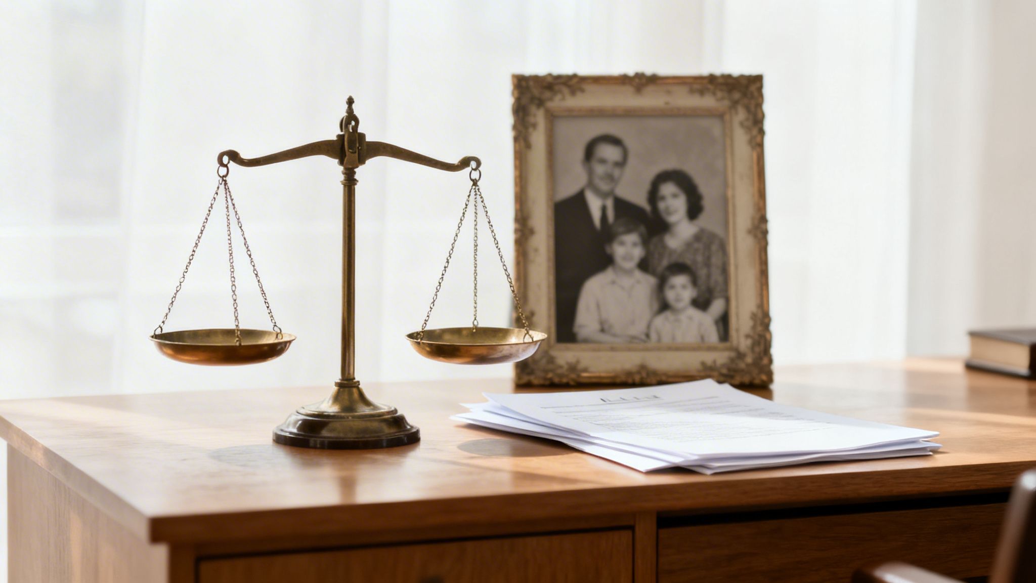 A brass scale of justice, a vintage family photo, and legal papers on a wooden desk.